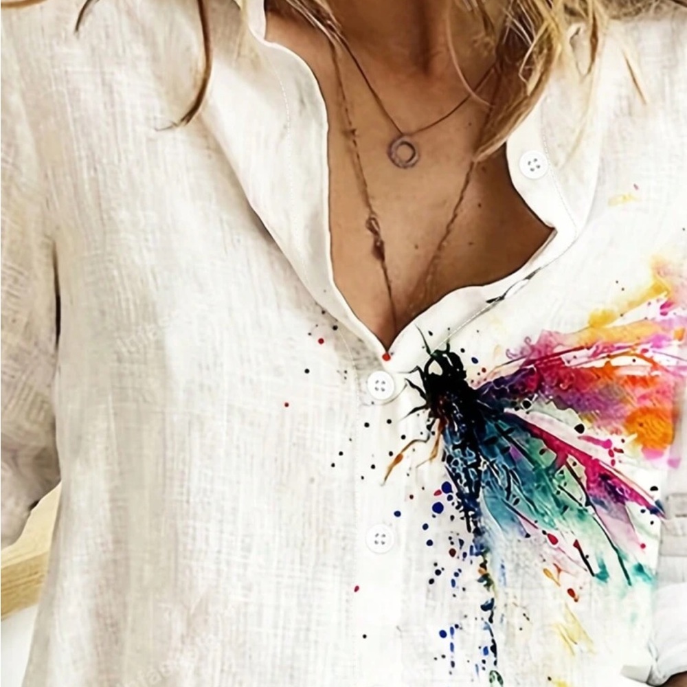 SHEIN White Pink Graphic Button Down Shirt - Picture 3 of 4